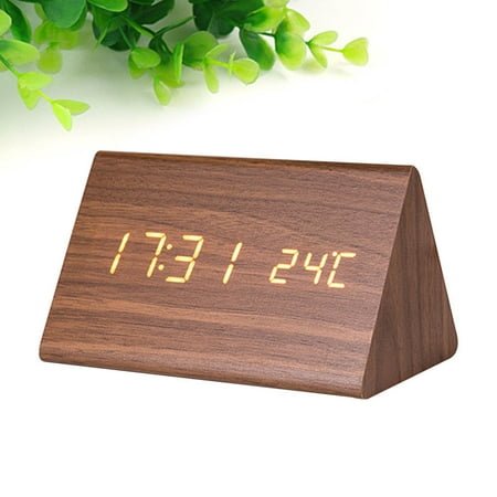 EXHUMKY LED Wood Alarm Clock with Temperature Display Adjustable Brightness Brown for Daily Use