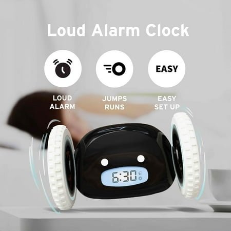Extra Loud Alarm Clock for Heavy Sleepers on Wheels Rolls Runs Away Vibrating, Easy to Set Super Smart Snooze Digital Bed Shaker Alarm Clock Funny Gift for Adults Kids Teens Bedrooms (Black)