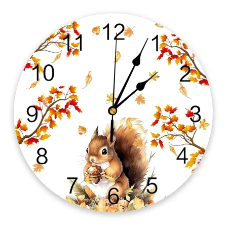 Fall Squirrel Maple Leaf Wall Clock Large Modern Kitchen Dinning Round Wall Clocks Bedroom Silent Hanging Watch（10 Inch）