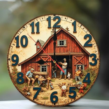 Farmhouse Barn Scene Wall Clock Rustic Decor 10-Inch Silent Wooden Wall Clock, Battery Operated (AA Batteries Not Included), Artistic Home Decor