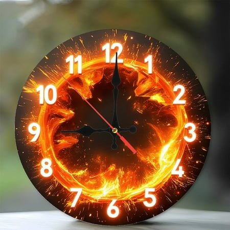 Fiery Sunburst Wall Clock Home Decor 10-Inch Silent Wooden Wall Clock, Battery Operated (AA Batteries Not Included), Artistic Home Decor