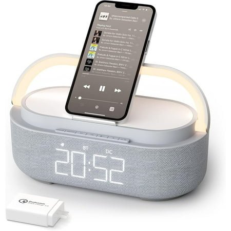 FreeFish Bluetooth Speaker Alarm Clock with Wireless Charger, LED Night Light, 2500mAh Battery - For Bedroom, Home Gray