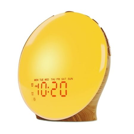 Full Screen Wood Grains Wake Up Lamp with Soft LED Lighting and Color Adjustment Sunrises Simulation Digital Alarm Clock