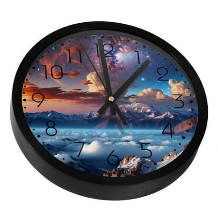 Galaxy Nebular Starry over Cloud Mountain Silent Wall Clock, Non Ticking Battery Operated 9.8 Inch Wall Clocks for Bedroom Kitchen Home Office School Art Decor