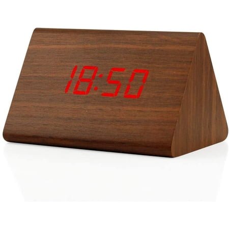 GEARONIC Digital Alarm Clock Wooden Alarm Clock Wood Modern Triangle Alarm Digital Desk Clock, Displays Time Date Temperature Calendar Wood Made Electric Clocks for Bedroom, Bedside - Brown