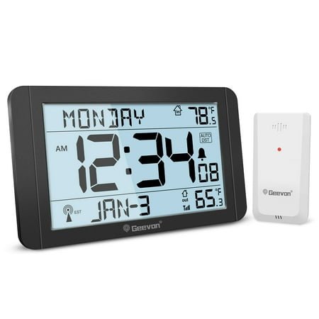 Geevon 10.8'' Atomic Clock with Indoor Outdoor Temperature, Large Display Digital Wall Clock with Wireless Sensor, for Bedroom, Office, Kitchen, Living Room, Easy for Seniors to Read