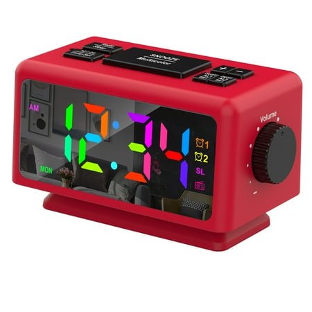 GJX Digital Desk Clock,Large Screen Display Bedside Clock,Multifunctional Alarm Clocks for Bedrooms,Calendar Radio,RGB Colorful Mirror,Dual Alarms,Snooze Function 5-60 min,12 Level Volume,12/24H