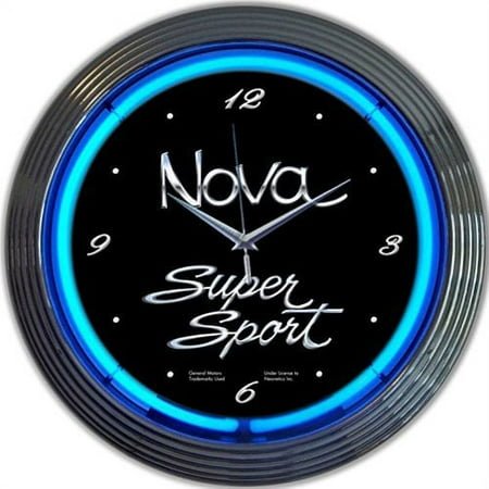 GM Chevrolet Chevy Nova SS Super Sport Genuine Electric Neon 15 Inch Wall Clock Glass Face Chrome Finish USA Warranty