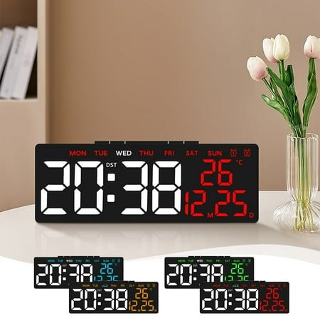 Gmluru Digital Alarm Clocks Large Digital Wall Mount Clock Electronic Clock Multi Functional Digital Alarm Clock Date Temperature Time Display LED Clock