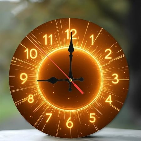 Golden Glow Neon Clock Wall Art Decor 10-Inch Silent Wooden Wall Clock, Battery Operated (AA Batteries Not Included), Artistic Home Decor
