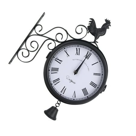 GOOHOCHY Hemoton Outdoor Wrought Iron Wall Clock Garden Creative Fashion Double Sided Bell Shape Wall Hanging Clock without Battery Black
