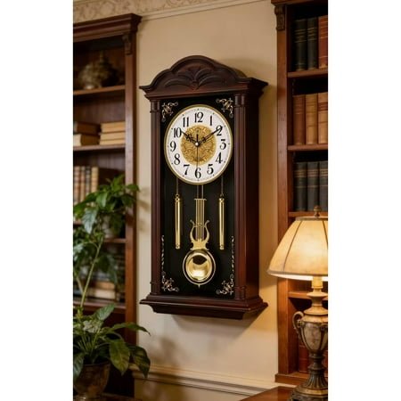 Grandfather Wood Wall Clock With Chime and Swinging Pendulum - 26in Traditional Silent Timepiece - Classic Chiming Design