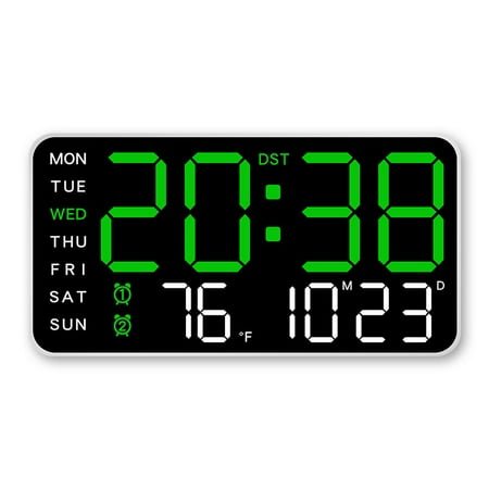 (Green) Large Digital Wall Clock Week Date Temperature Display Voice Control Table LED Alarm Clocks Brightness Adjustable 12/24H Clock