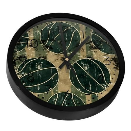 Grunge Basketball on Stripes Silent Wall Clock, Non Ticking Battery Operated 9.8 Inch Wall Clocks for Bedroom Kitchen Home Office School Art Decor