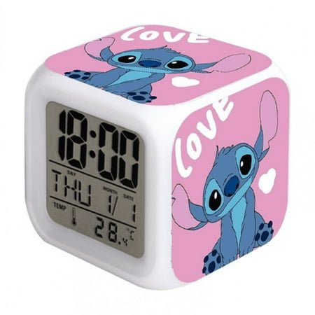 HANNTAOO Digital Alarm Clock for Kids, Cartoon Stitch Pattern 7 LED Color Changing Wake Up Clock with Thermometer Function and Night Light, Gift for Boys Girls A93-1808 HTNL#1349