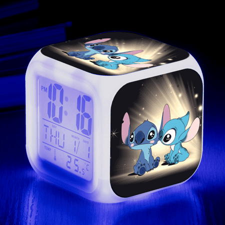 HANNTAOO Digital Alarm Clock for Kids, Cartoon Stitch Pattern 7 LED Color Changing Wake Up Clock with Thermometer Function and Night Light, Gift for Boys Girls A93-1841 HTNL#1382