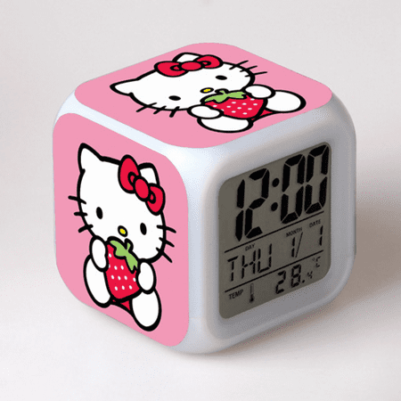 HANNTAOO Digital Alarm Clock for Kids, Hello Kitty Pattern 7 LED Color Changing Wake Up Clock with Thermometer Function and Night Light, Gift for Boys Girls A93-058 HTNL#1056