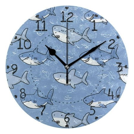 Happy Sharks Round Wall Clock Silent Analog Battery Operated Black Pointer Home Decor 9.84 Diameter