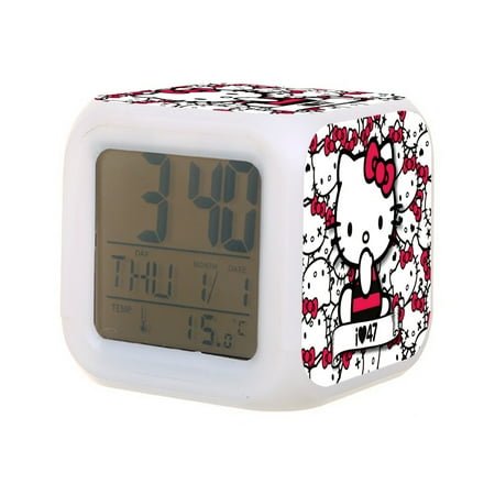 Hello Kitty (9) Digital Alarm Thermometer Night Glow Cube 7 Color Clock LED Changing LCD Display Suitable for Bedroom Children