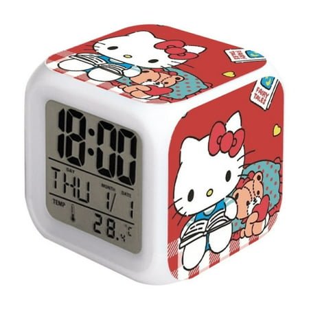 Hfnggwee Digital Alarm Clock for Kids, Cartoon Hello Kitty Pattern 7 LED Color Changing Wake Up Clock with Thermometer Function and Night Light, Gift for Boys Girls A93-485 NZ113-1381