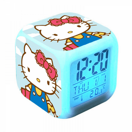 Hfnggwee Digital Alarm Clock for Kids, Cartoon Hello Kitty Pattern 7 LED Color Changing Wake Up Clock with Thermometer Function and Night Light, Gift for Boys Girls A93-510 NZ113-1406