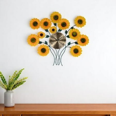 HomeRoots 626369 31 in. Yellow, Green & Gold Metal Silent Analog Sunflower Floral Wall Clock