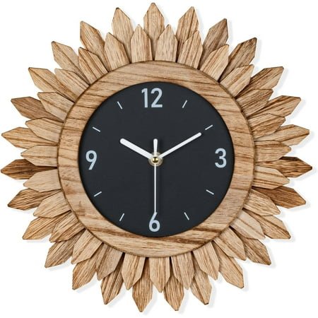 Honiway Wall Clock Battery Operated 12 in Rustic Wood Boho Sunburst Decorative Wall Clock Silent Non Ticking Farmhouse Small Wall Clocks for Living Room Kitchen Bathroom Bedroom Decor (Rustic Brown)
