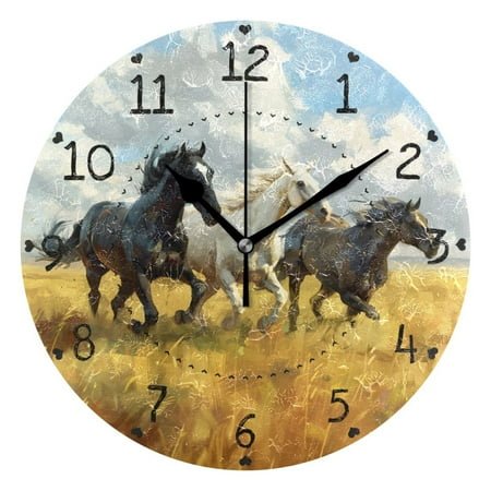 Horses Galloping on Meadow Sky Clouds Round Wall Clock Silent Analog Battery Operated Black Pointer Home Decor 9.84 Diameter