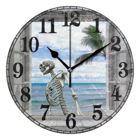 Human Skeleton on Beach Silent Wall Clock 10 Non-Ticking Battery Clock