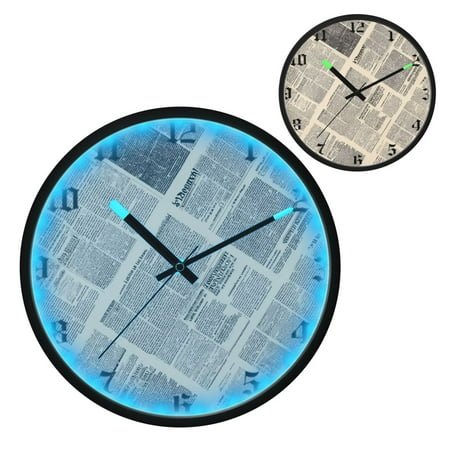 Iauyy Vintage Battery Sunrise Clock Wall Clock 12 inch Fashion Bedroom/Biathroom Lighted Wall Clock for Kitchen Clocks ，Retro Newspaper Texture