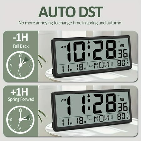 iMotion Clock with Indoor Outdoor Temperature - Easy to Read - Self Setting, 14.5'' Jumbo Auto Set Digital Wall Clock Battery Operated