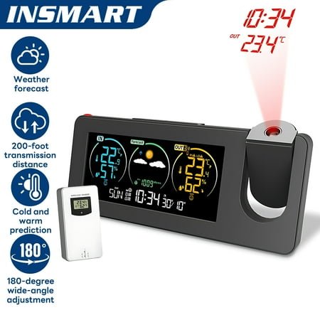 INSMART Projection Alarm Clock with Weather Forecast & Snooze,Dual Alarms, 180° Adjustable Projector, Wireless Sensors, Humidity & Temp Display, USB Charger, Battery Backup – Ideal for Bedrooms