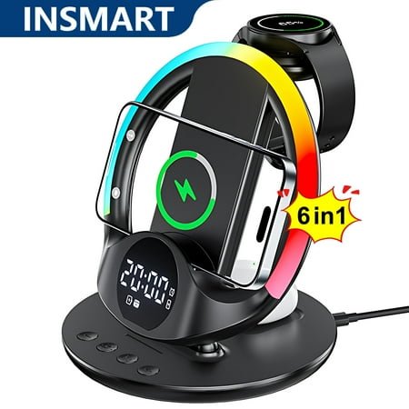 INSMART Wireless Charger,6-in-1 Wireless Magnetic Charging Station with Digital Clock, Alarm, Phone Stand & Colorful Mood Light,Compatible with iPhone,Samsung, AirPods,Apple Watch (Black)