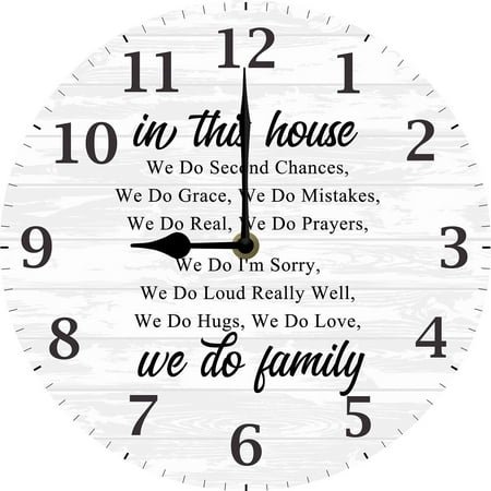 In This House Wooden Clock, House Rules Wall Clock, Inspirational Family Quote Wall Decor for Family Room, Housewarming Gift New Home Decorations 10x10 Silent Non Ticking Battery Operated