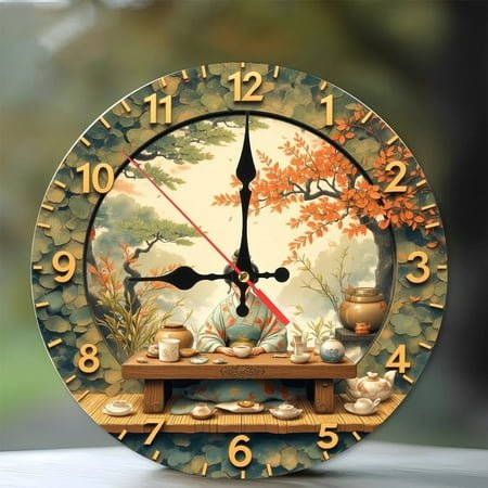 Japanese Geisha Tea Ceremony Wall Clock 10-Inch Silent Wooden Wall Clock, Battery Operated (AA Batteries Not Included), Artistic Home Decor