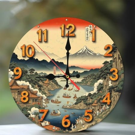 JapaneseUkiyoeWallClockMountFujiScene 10-Inch Silent Wooden Wall Clock, Battery Operated (AA Batteries Not Included), Artistic Home Decor