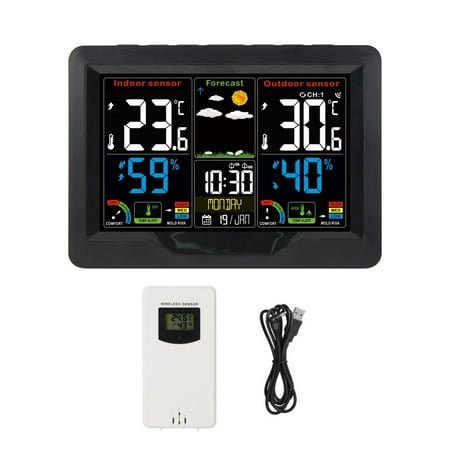 JIAHAOO Weather Clock Radio Frequency Wireless Indoor Outdoor Thermometer Hygrometer Forecast Dual Alarm 6 inch