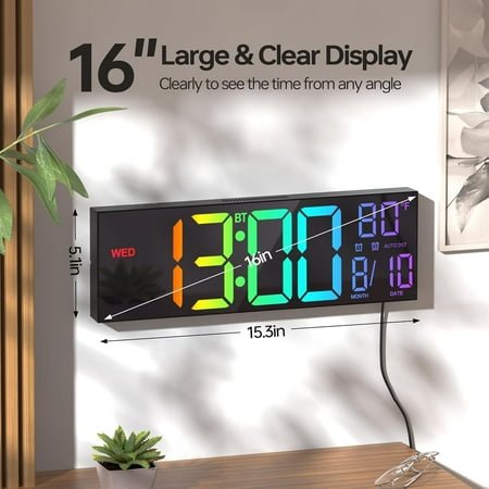 JINYUN-16.2 Large Digital Wall Clock with Seconds, Bluetooth Sync, Alarm Big LED, RGB Color, DST Temperature for Classroom Bedroom Garage Gym, Mount, Xmas, Birthday Gift for Aged Elderly Mother Fath