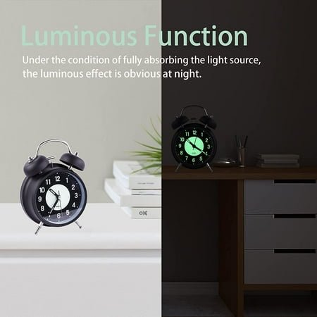 JINYUN-4 Analog Luminous Alarm Clock Twin Bell Silent Non-Ticking Quartz Battery Operated Loud with Backlight for Bedside Table Vintage Retro Style, Decorative Desk Clock