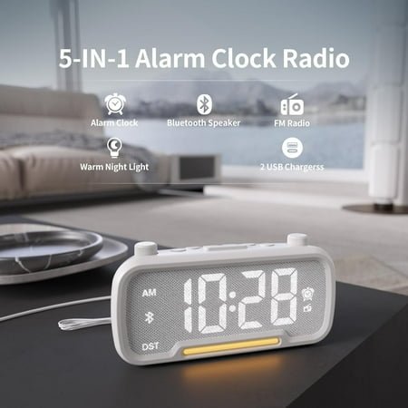 JINYUN-Alarm Clock Radio for Bedrooms, Hi-Fi Sound, Clock Radio with Bluetooth Speaker, Adjustable Dimmer, Auto-off Timer, Night Light, Dual Charging Ports, Ideal for Bedrooms, Dorms & Home Offices(W