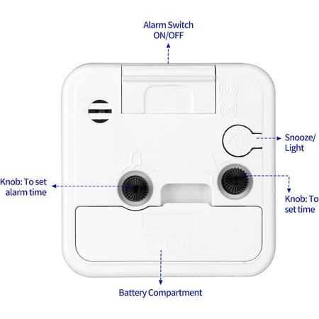 JINYUN-Classic Analogue Travel Alarm Clock with Snooze Function and Light, Compact Size, Quiet Quartz Movement, Crescendo Alarm, White