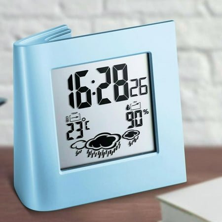 JINYUN-Solar Powered Clock Battery Powered Alarm Clock Solar Charging Small Digital Clock for Weather Forcast LCD Display Clock (Blue)