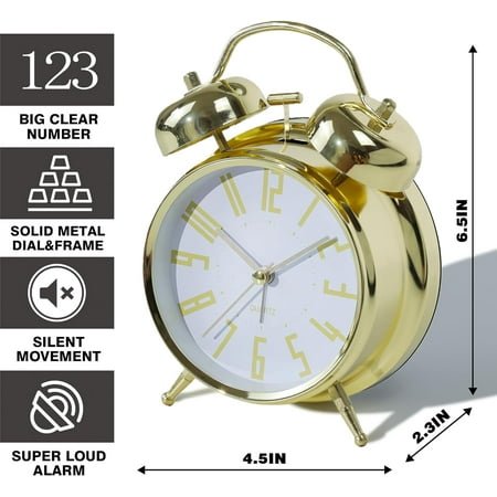 JINYUN-Super Loud Alarm Clock for Heavy Sleepers Adults,Twin Bell Retro 4 Inch Silent Non-Ticking Quartz with Backlight, Metal dial, Alarm Clocks for Bedrooms Bedside (Gold-White)