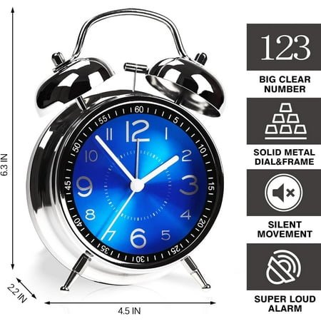 JINYUN-Super Loud Alarm Clock for Heavy Sleepers Adults,Twin Bell Retro 4 Inch Silent Non-Ticking Quartz with Backlight, Metal dial, Alarm Clocks for Bedrooms Bedside (Blue)
