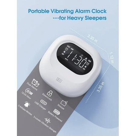 JINYUN-Vibrating Alarm Clock for Heavy Sleepers, Cordless Bed Shaker Clock Under Pillow for Teens, Deaf People, Adults, 3 Wake Modes, Rechargeable Battery Powered Travel Clock, Dual Alarm Clocks for