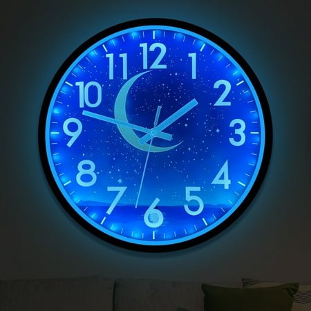 JoFomp Luminous Wall Clock, 12 inch LED Night Light Silent Clock, Glow in The Dark Moon and Starry Sky, Lighted Clock with Smart Sensor(Blue Light)