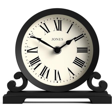 JONES CLOCKS® Saloon Mantel Clock | Traditional Double Scroll Design | Black | Roman Numerals | Classic Style for Desk, Table, Shelf or Bedside