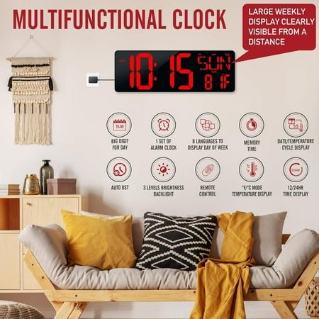JUNCHI-17.2'' Bluetooth Large LED Digital Wall Clock, Large Display Date and Temperature,Count Up/Down Timer Clock with Remote Control, Adjustable Brightness Alarm Clock for Home, Office, Gym, Elder
