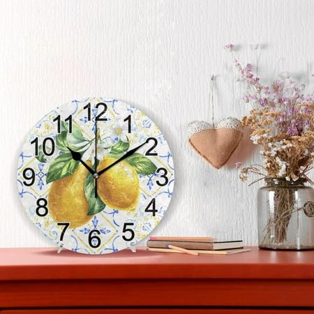 JUNCHI-Mediterranean Lemons Tile Wall Clock Non Ticking Silent Kitchen Clock Large Battery Operated Clocks 10 inch for Living Room Bedroom Decor