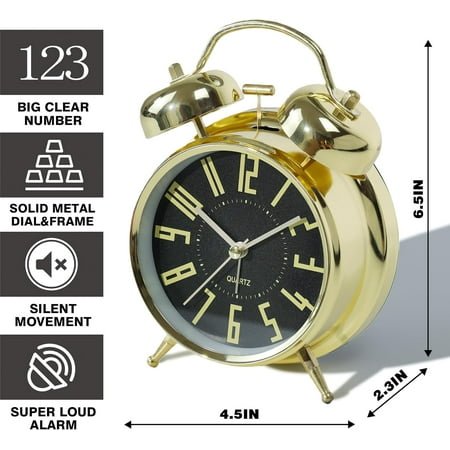 JUNCHI-Super Loud Alarm Clock for Heavy Sleepers Adults,Twin Bell Retro 4 Inch Silent Non-Ticking Quartz with Backlight, Metal dial, Alarm Clocks for Bedrooms Bedside(Gold- Black)